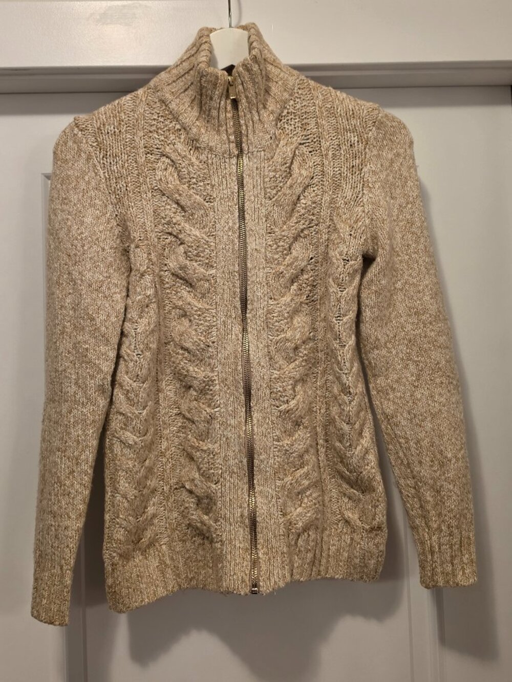 Tommy Hilfiger Cable Knit Full Zip Mock Neck Cardigan Sweater Beige Oatmeal/Gold